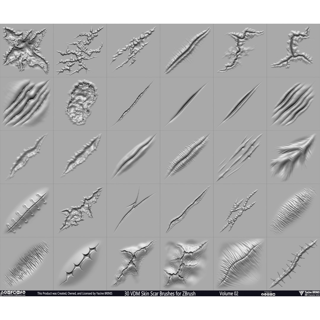 VDM Skin Scar Brushes 3D Model – ZBrush Texture Pack, 30 Brushes - View 3