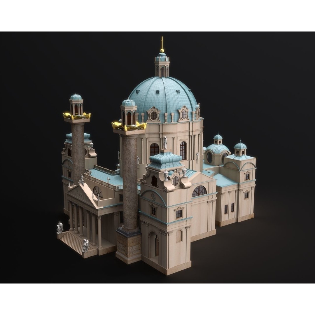 Karlskirche 3D Model – Baroque Church Architecture, FBX & OBJ - View 4