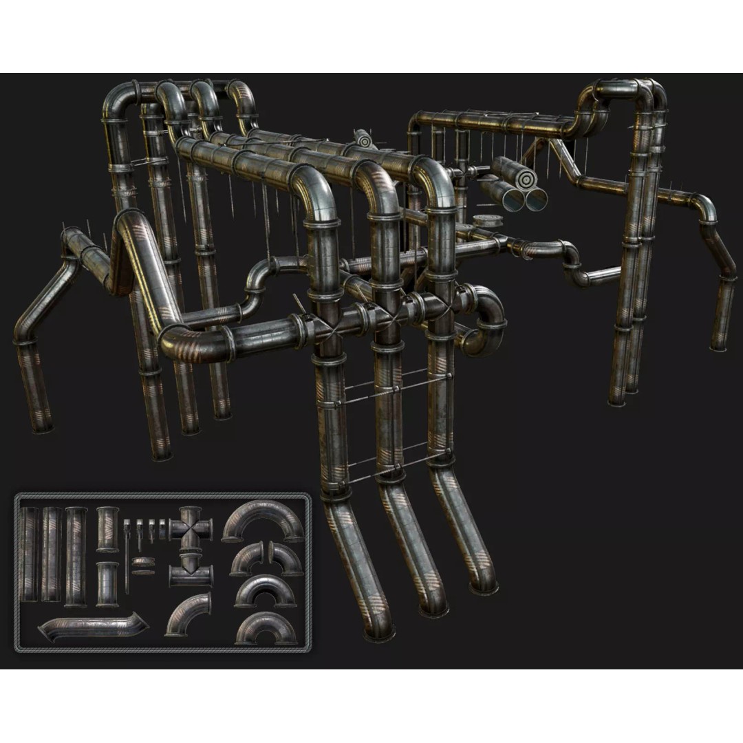 Modular Pipeline 3D Model – Low Poly Sci-Fi Architecture, FBX - View 2