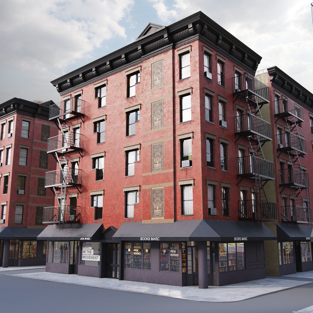 New York Corner Building 3D Model – Low Poly Game Asset, FBX, PBR - View 3