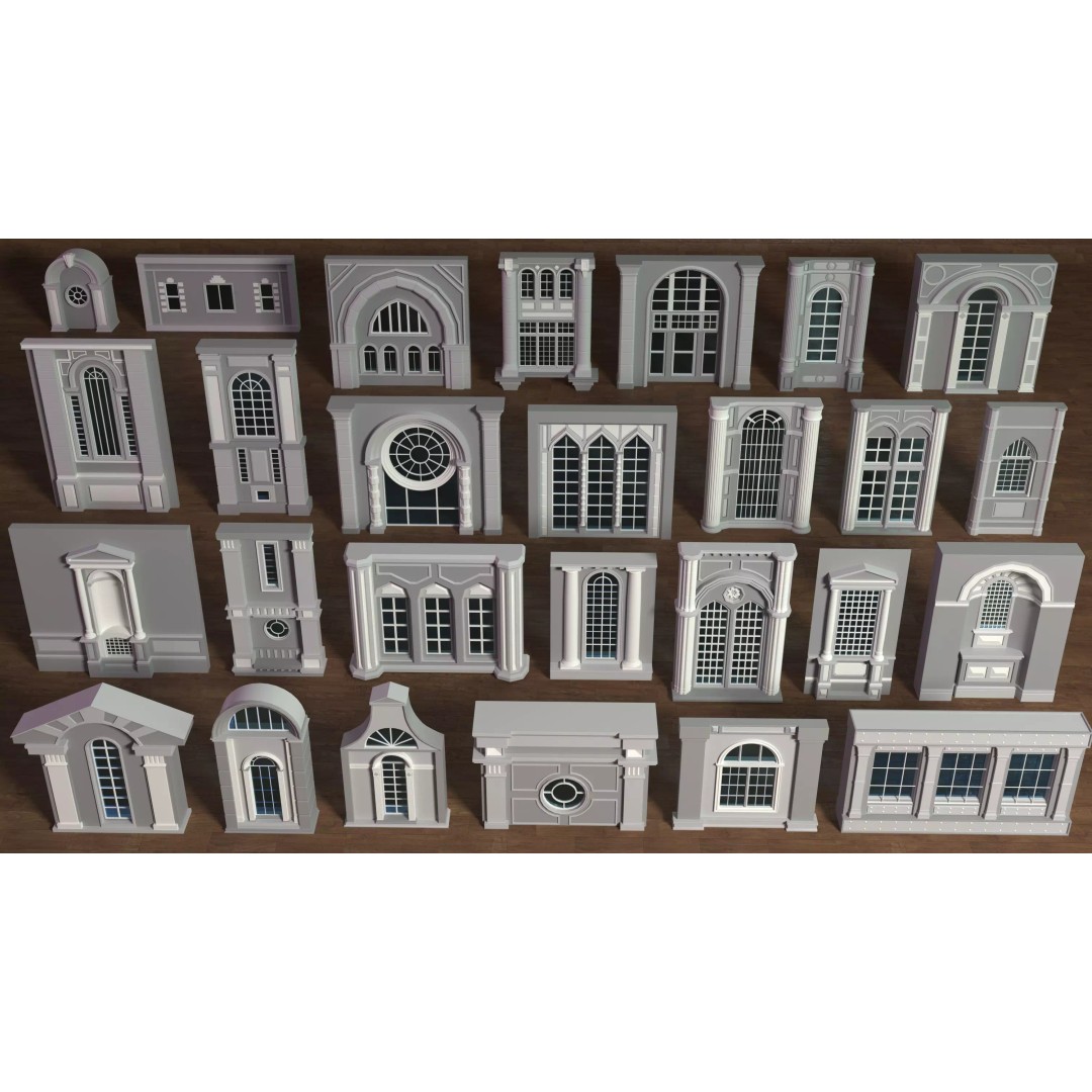 Building Facade 3D Model – Low Poly Collection of 27 Pieces, FBX - View 2