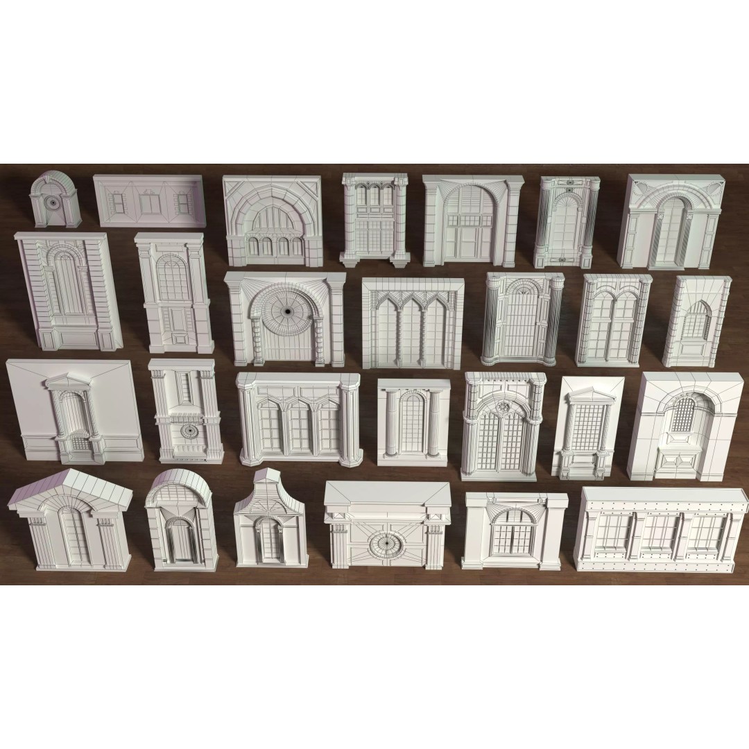 Building Facade 3D Model – Low Poly Collection of 27 Pieces, FBX - View 3