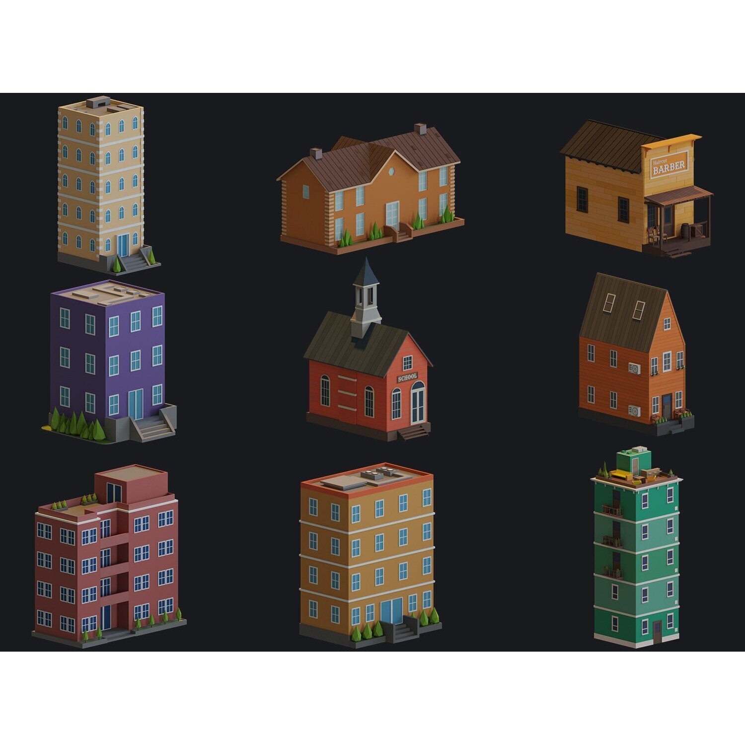 Cartoon Houses and Buildings - Low-Poly Game-Ready 3D Model