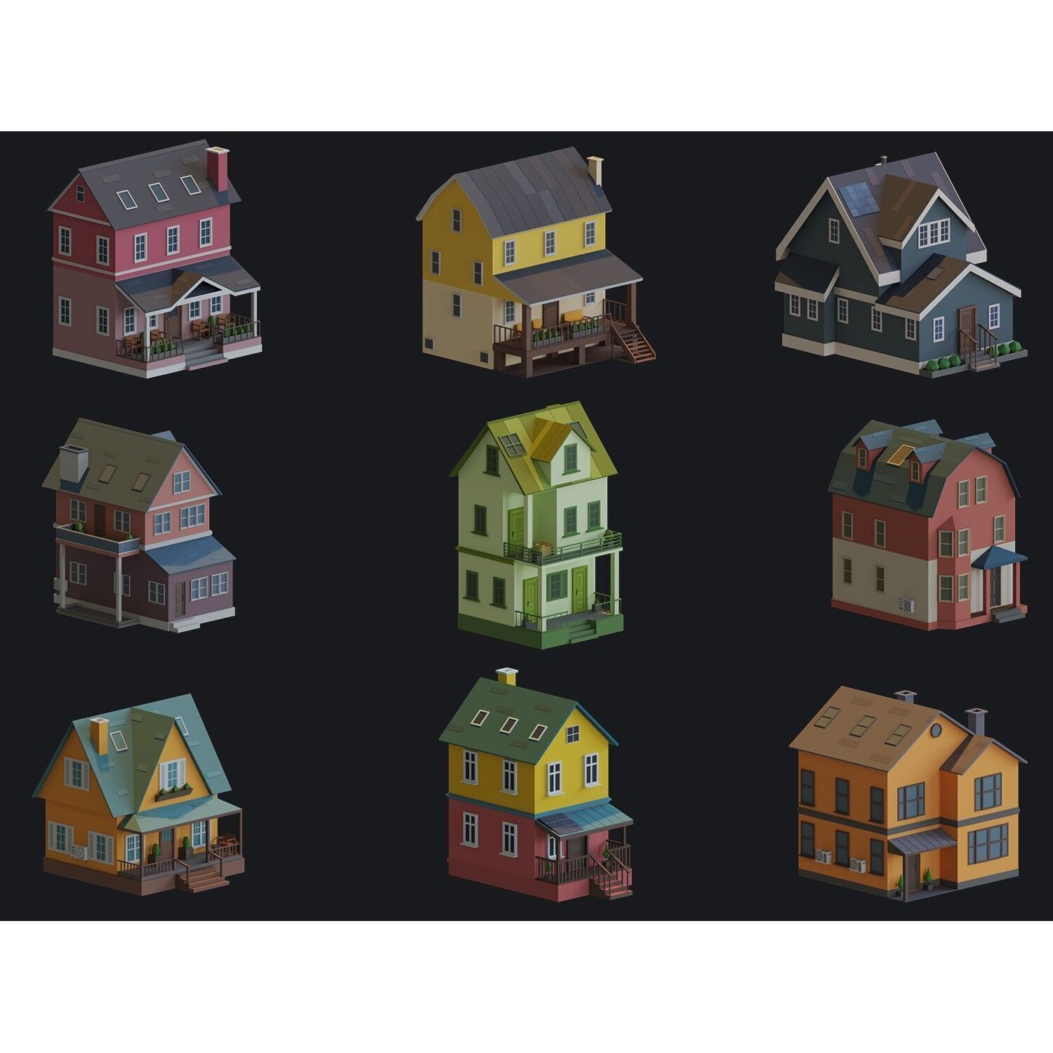 Cartoon Houses and Buildings - Low-Poly Game-Ready 3D Model - View 10