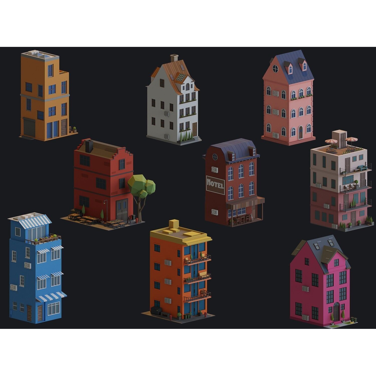 Cartoon Houses and Buildings - Low-Poly Game-Ready 3D Model - View 11
