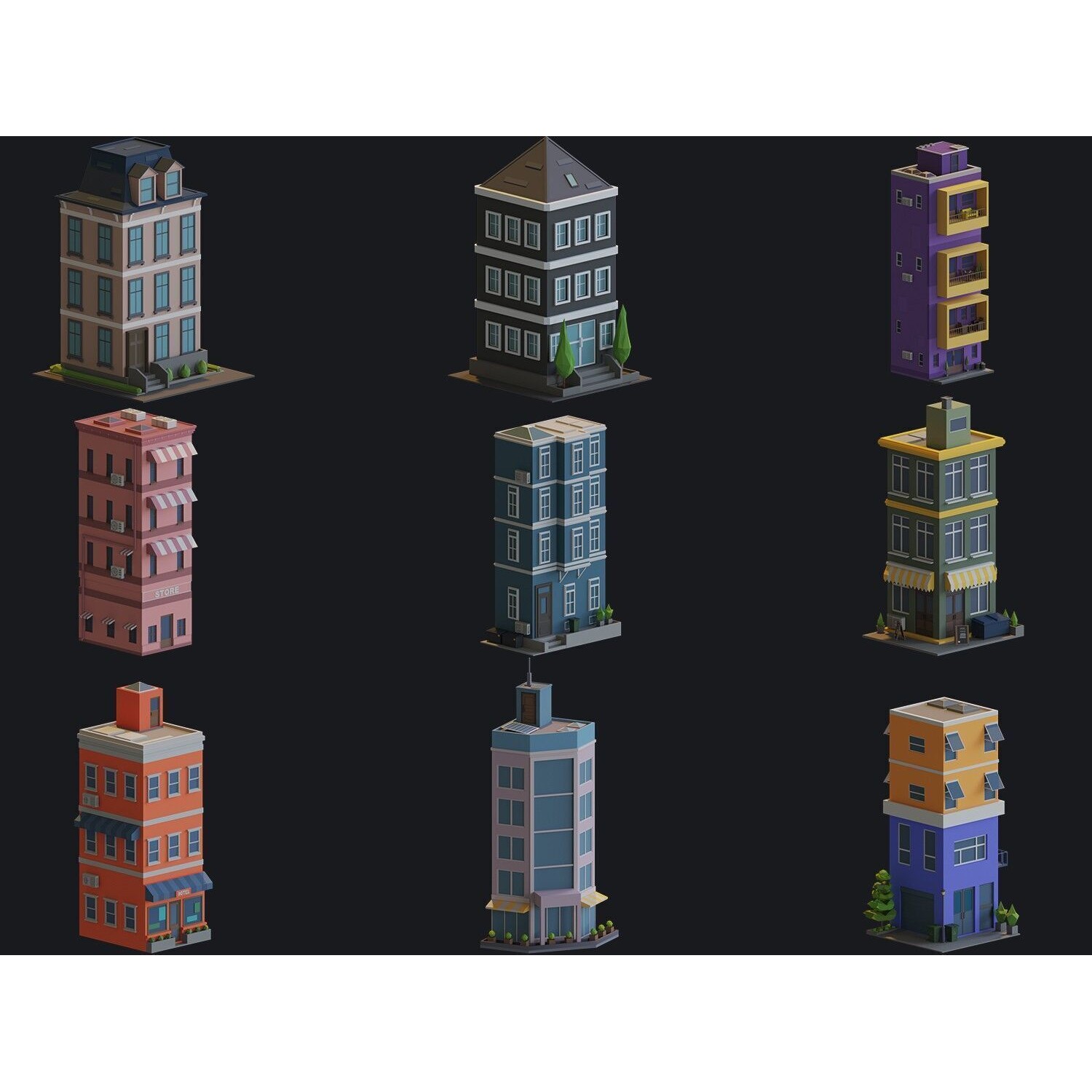 Cartoon Houses and Buildings - Low-Poly Game-Ready 3D Model - View 12