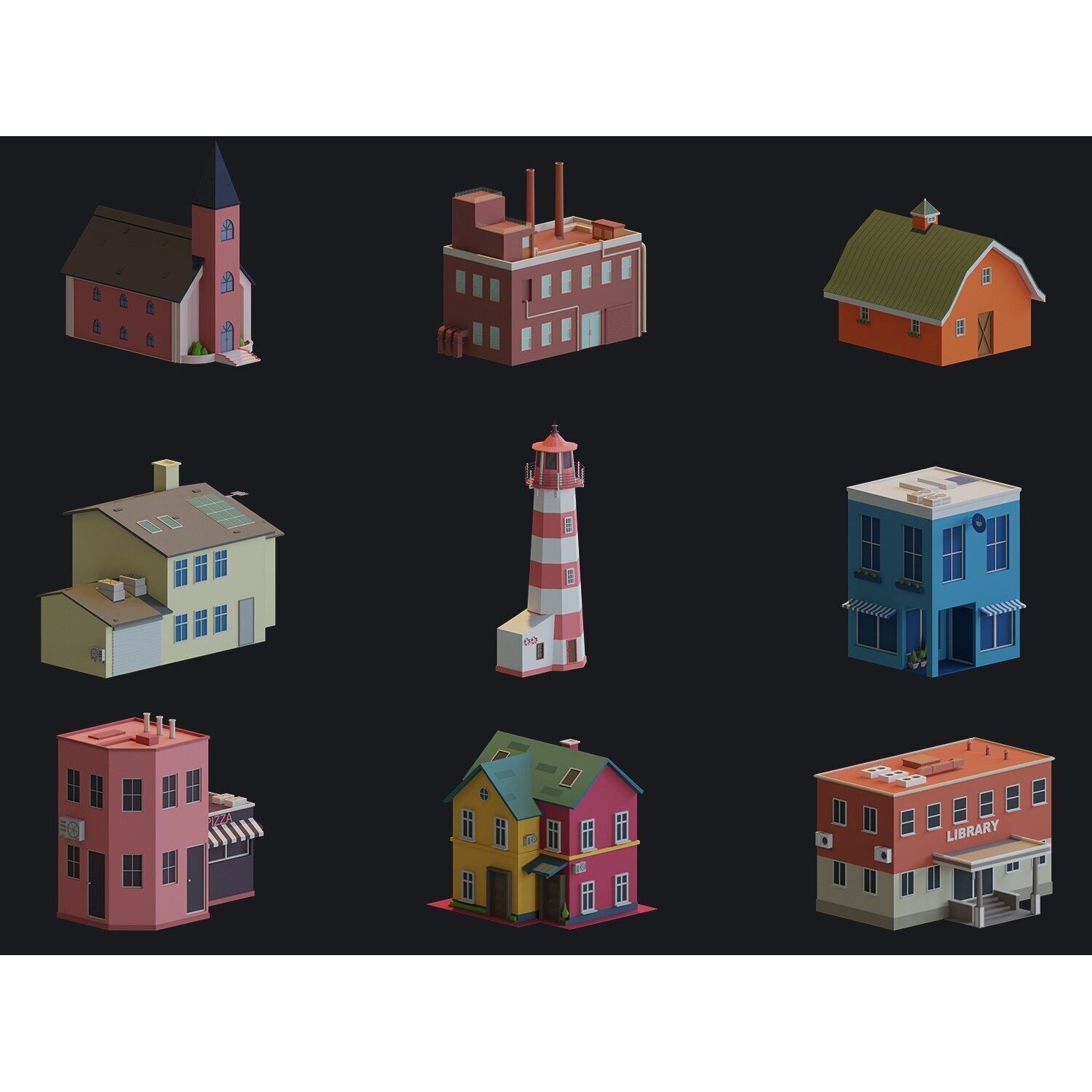 Cartoon Houses and Buildings - Low-Poly Game-Ready 3D Model - View 18