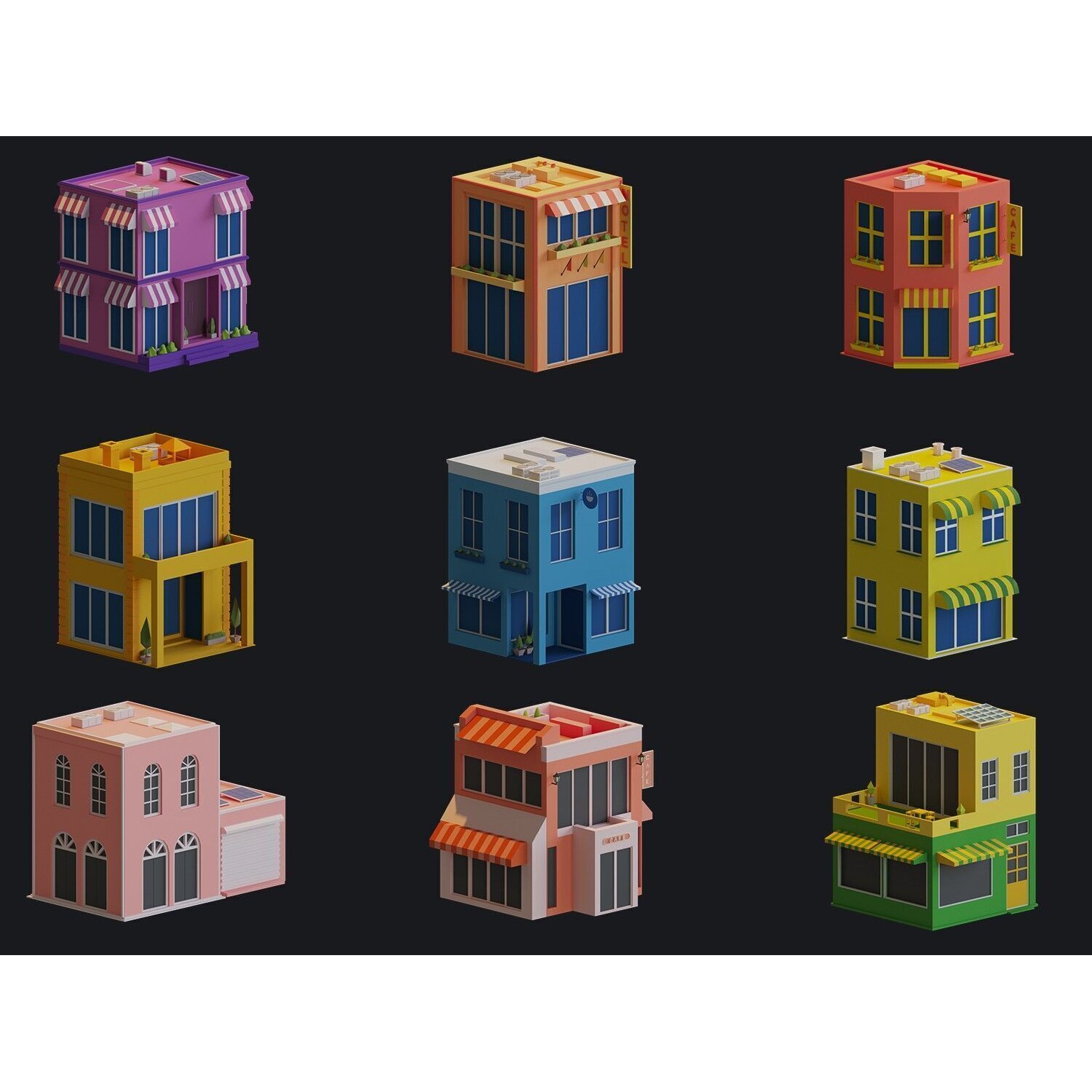 Cartoon Houses and Buildings - Low-Poly Game-Ready 3D Model - View 19