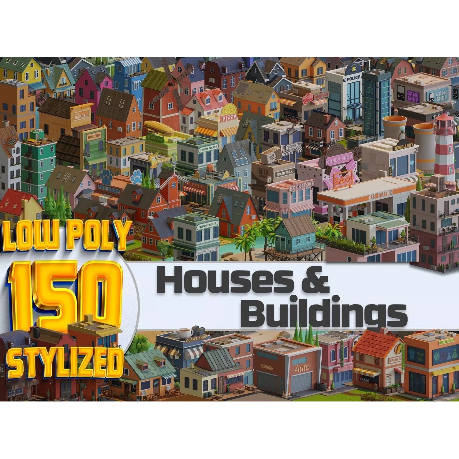 Cartoon Houses and Buildings - Low-Poly Game-Ready 3D Model - View 2