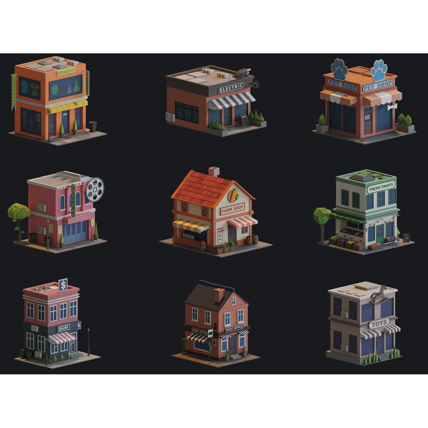 Cartoon Houses and Buildings - Low-Poly Game-Ready 3D Model - View 4