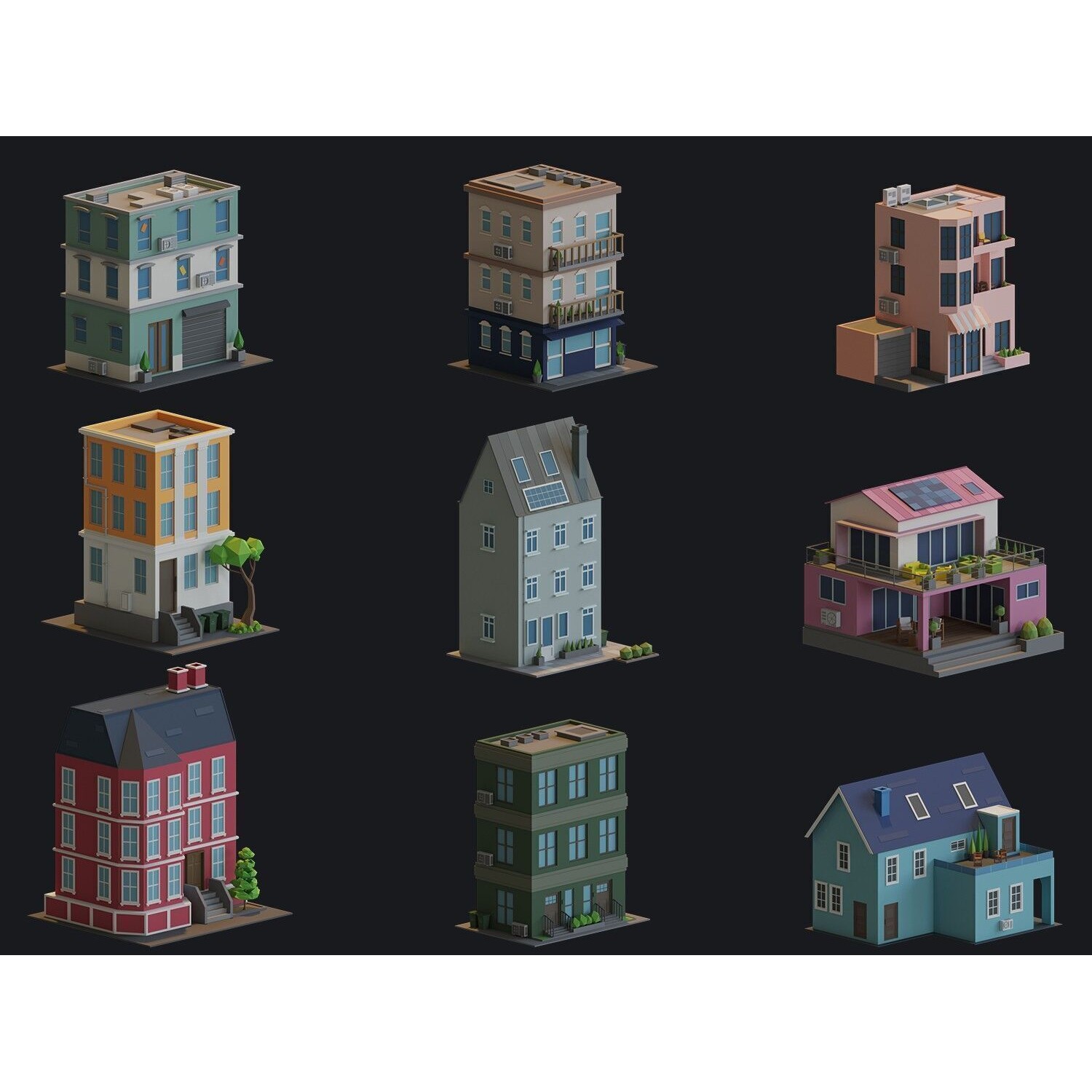 Cartoon Houses and Buildings - Low-Poly Game-Ready 3D Model - View 6