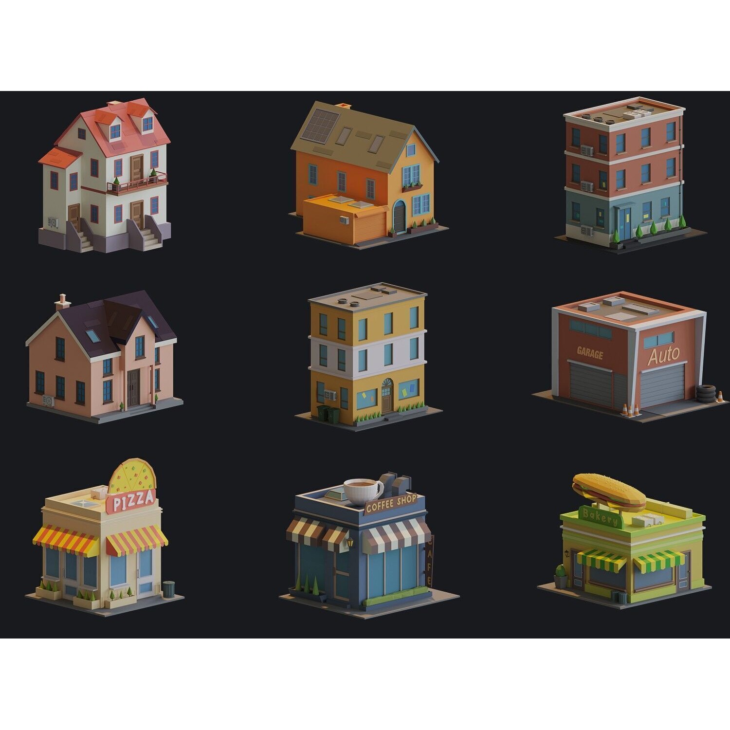Cartoon Houses and Buildings - Low-Poly Game-Ready 3D Model - View 8