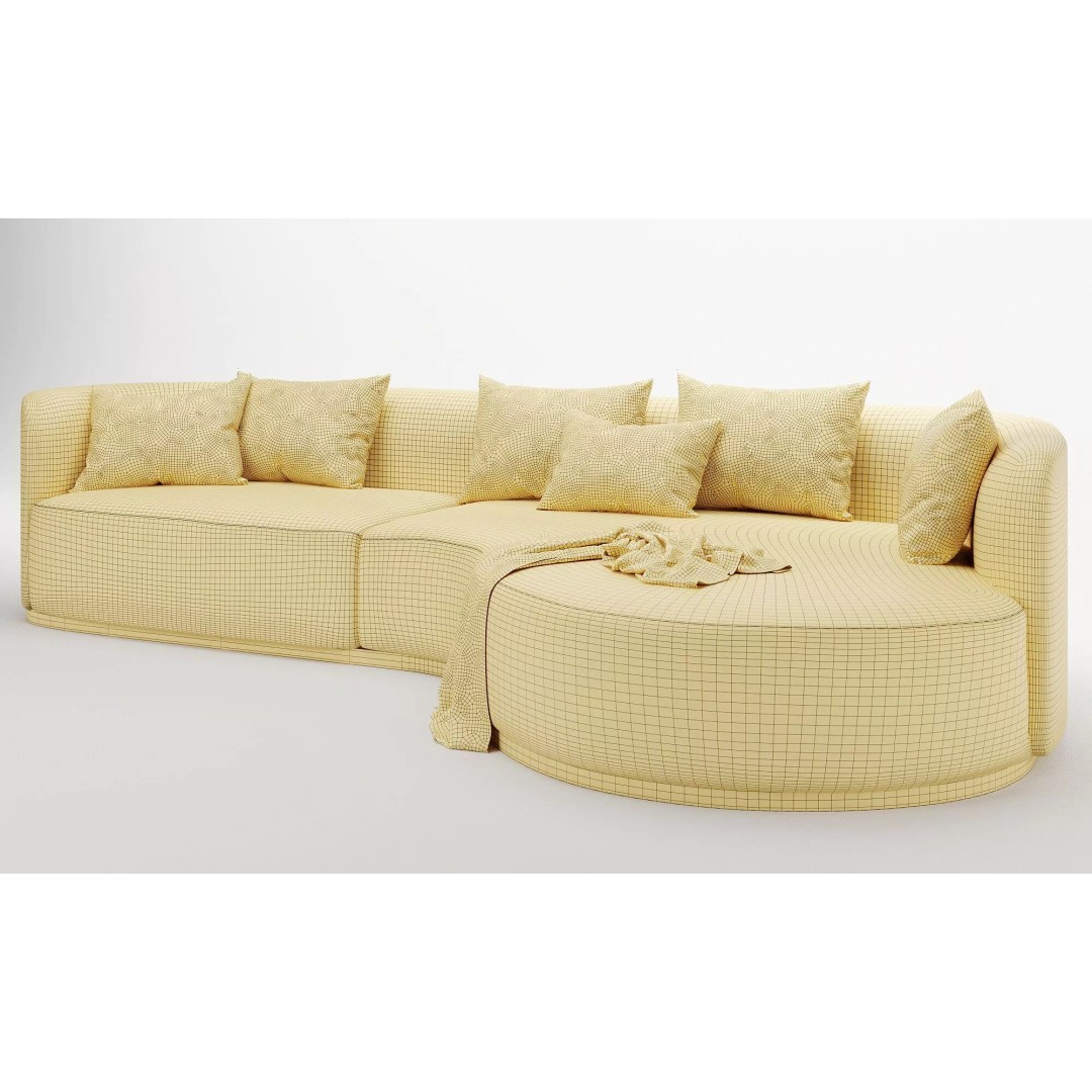 Curved 3 Seater Sofa 3D Model – Modern Fabric Design, FBX & OBJ