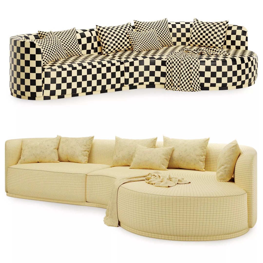 Curved 3 Seater Sofa 3D Model – Modern Fabric Design, FBX & OBJ - View 12
