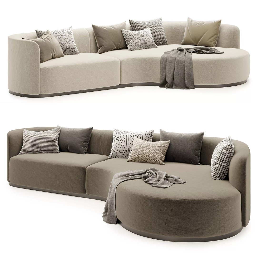 Curved 3 Seater Sofa 3D Model – Modern Fabric Design, FBX & OBJ - View 3