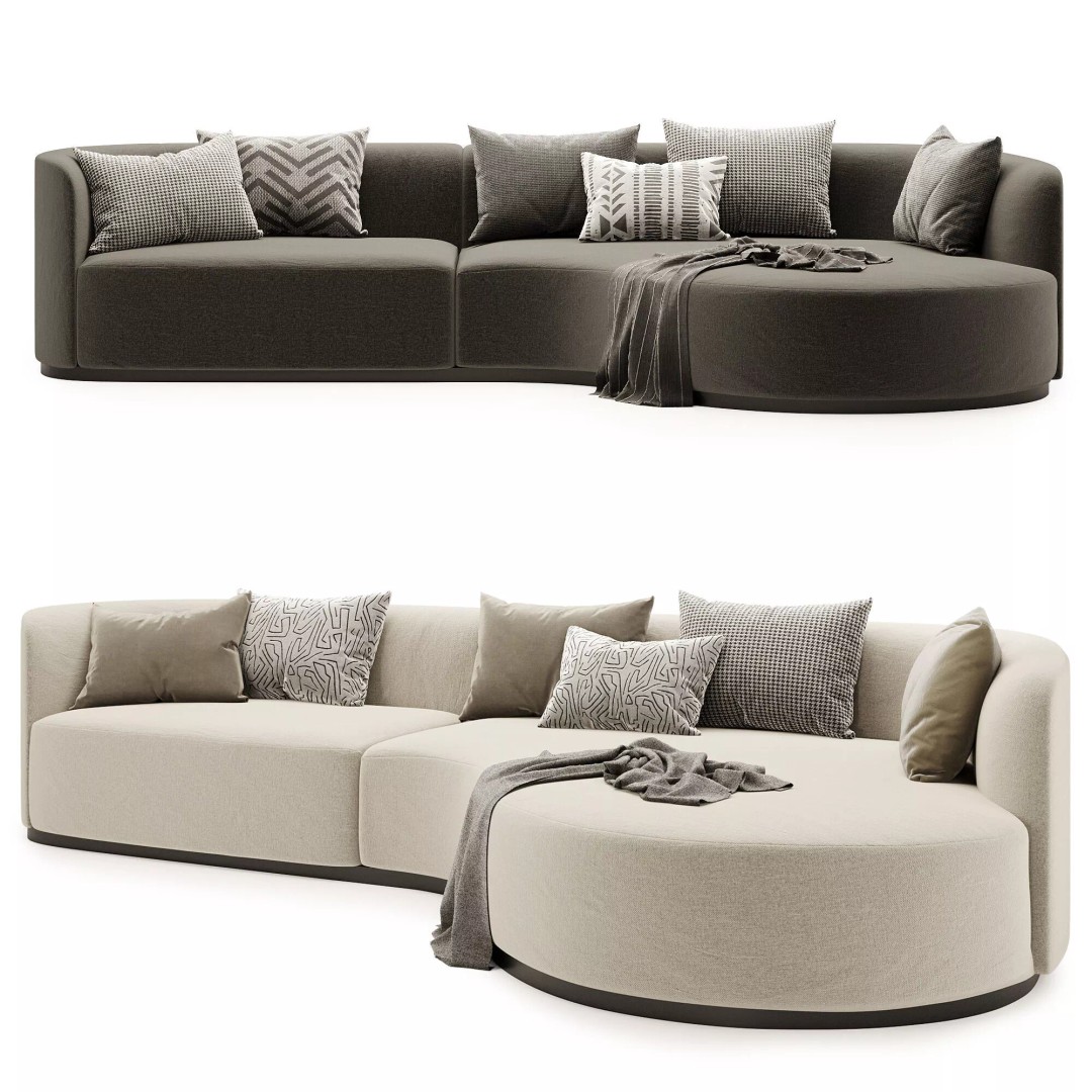 Curved 3 Seater Sofa 3D Model – Modern Fabric Design, FBX & OBJ - View 4