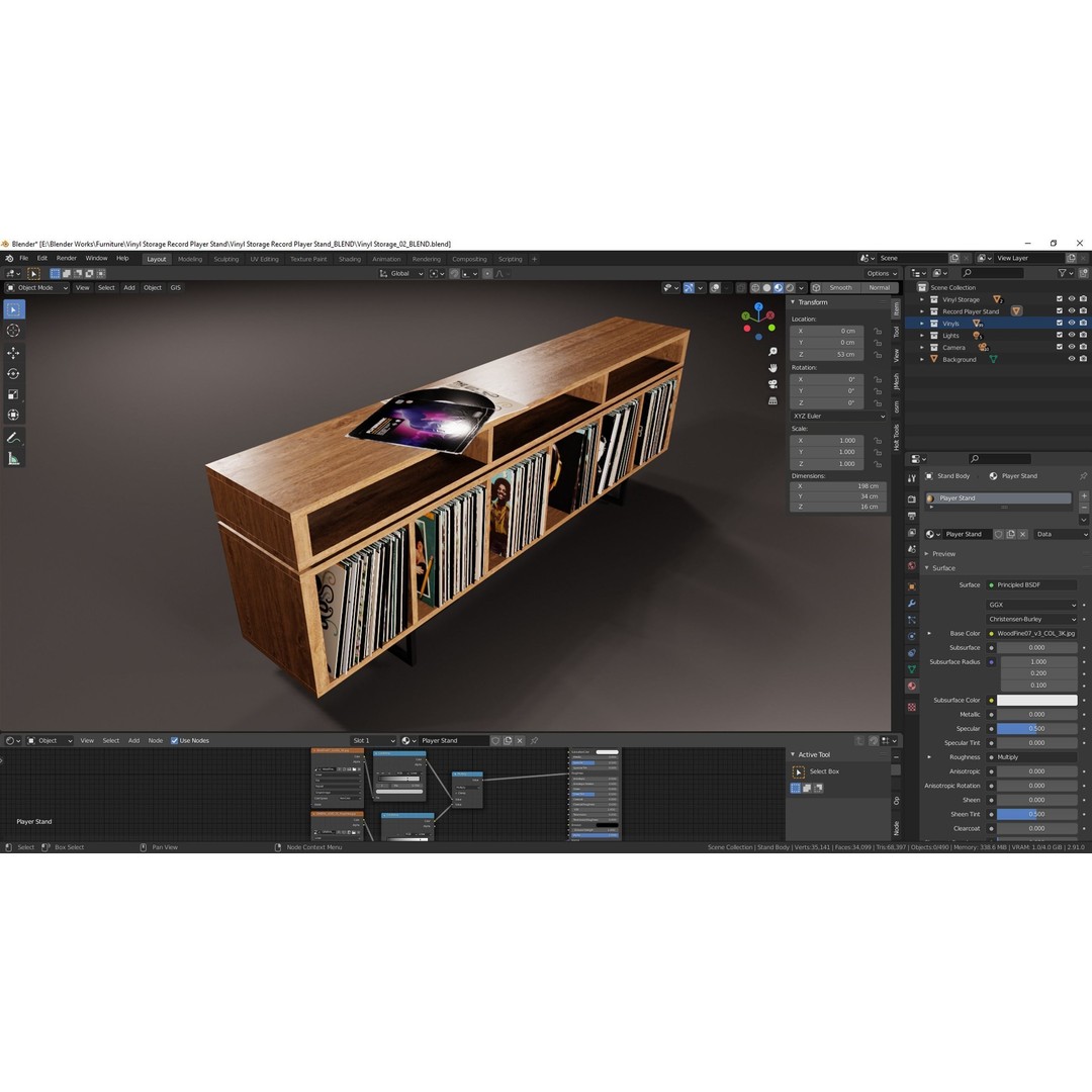 Vinyl LP Storage 3D Model – Modern Record Player Stand, PBR, Blender