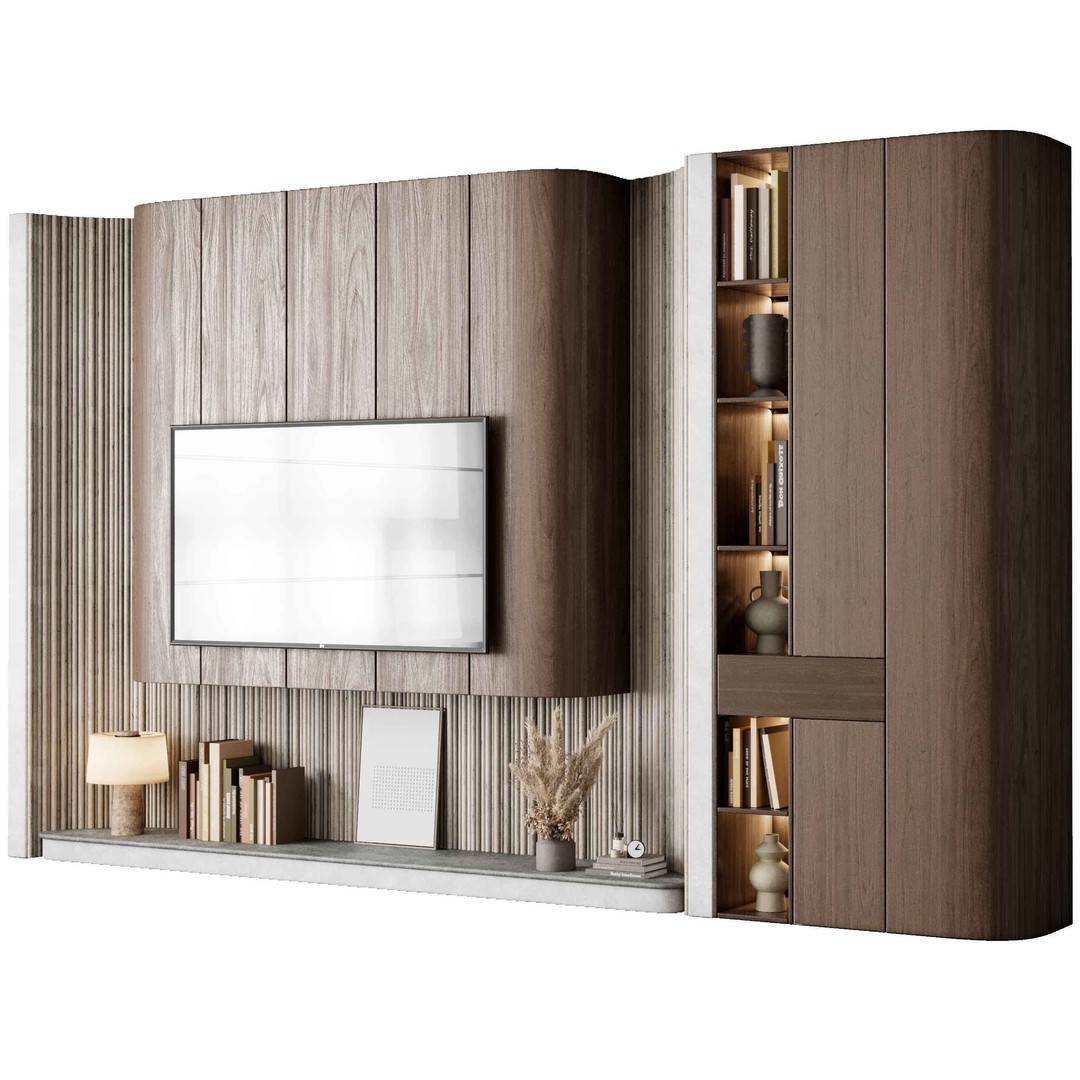 Modern TV Wall Set 3D Model – PBR Textured Indoor Decor, FBX