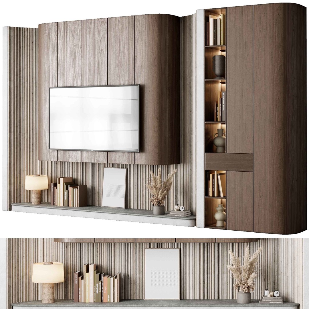 Modern TV Wall Set 3D Model – PBR Textured Indoor Decor, FBX - View 3