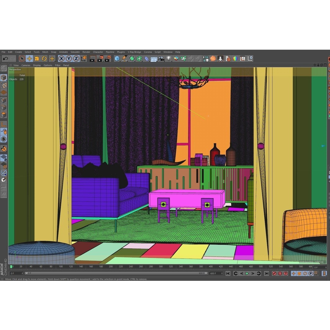 Living Room 3D Model – Corona Cinema4D Scene with Textures & Lights