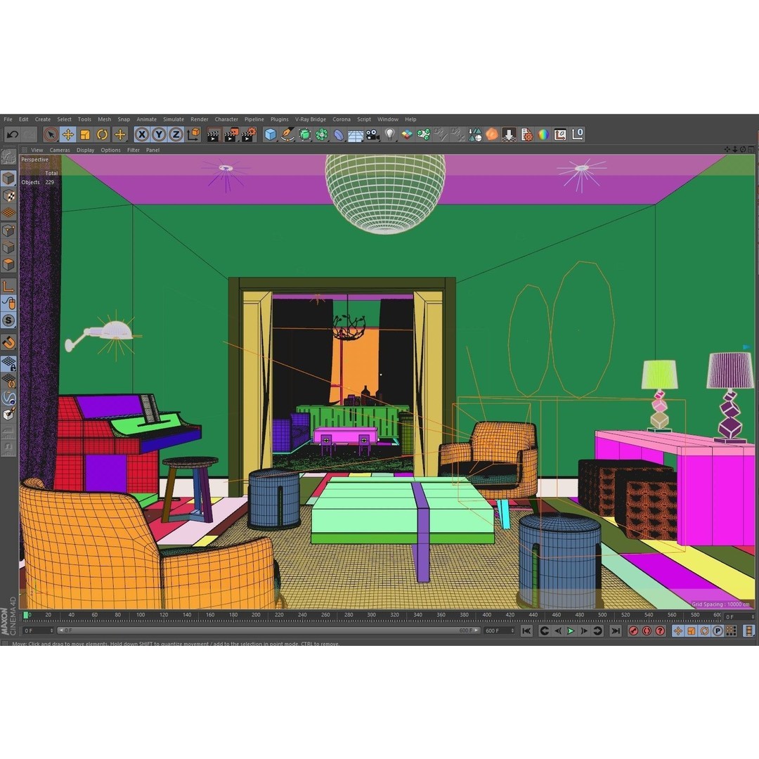 Living Room 3D Model – Corona Cinema4D Scene with Textures & Lights - View 10