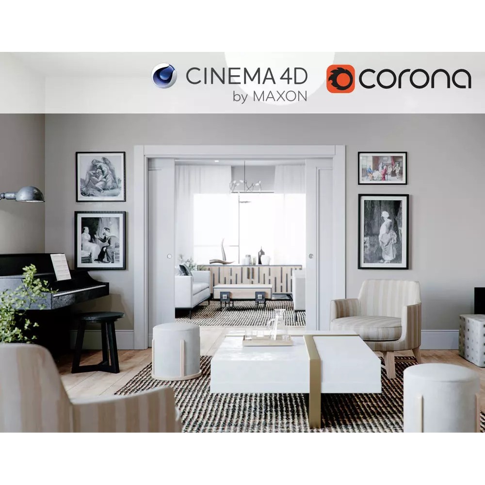 Living Room 3D Model – Corona Cinema4D Scene with Textures & Lights - View 2
