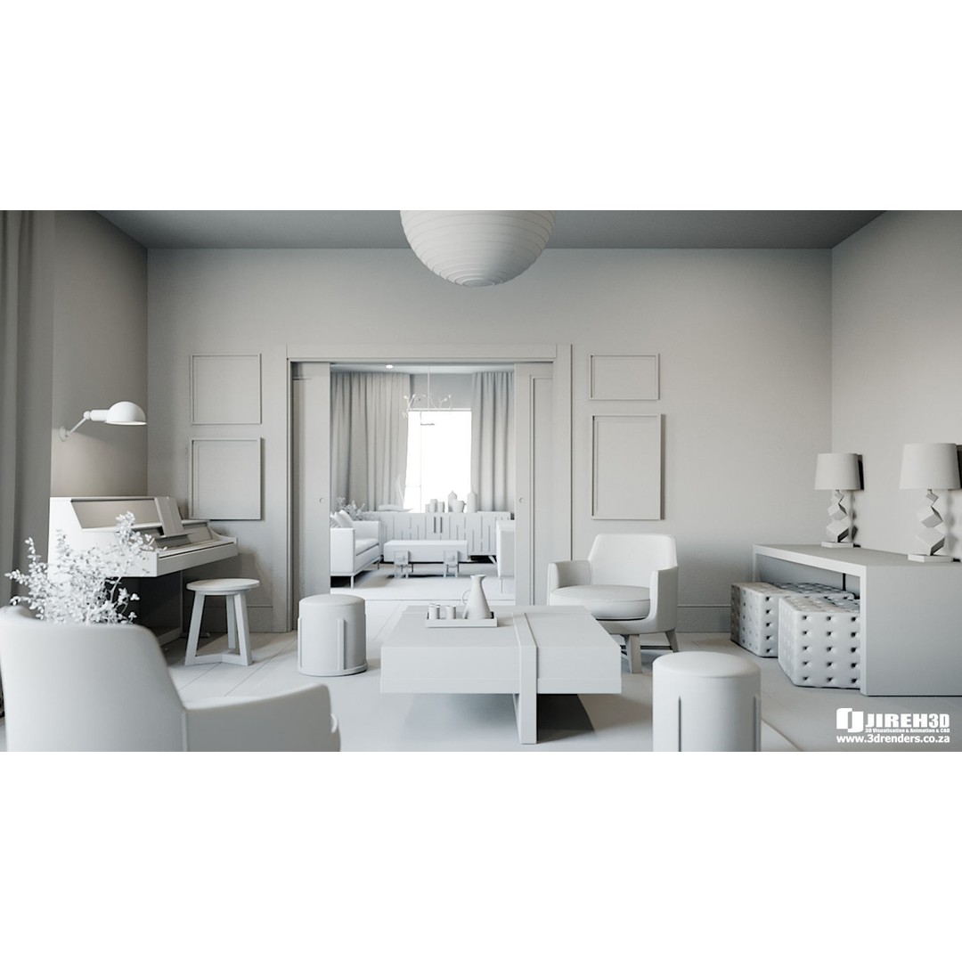 Living Room 3D Model – Corona Cinema4D Scene with Textures & Lights - View 4