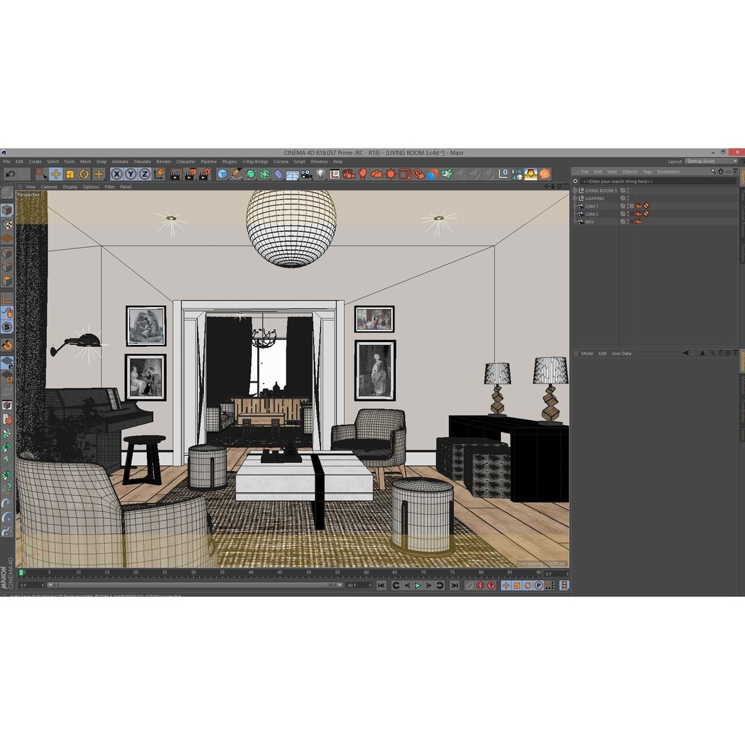 Living Room 3D Model – Corona Cinema4D Scene with Textures & Lights - View 5