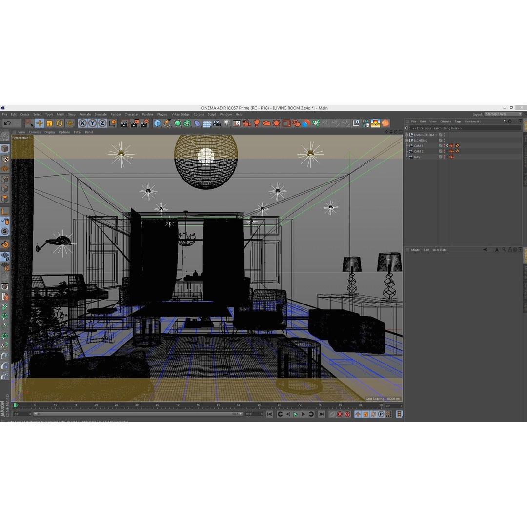 Living Room 3D Model – Corona Cinema4D Scene with Textures & Lights - View 6