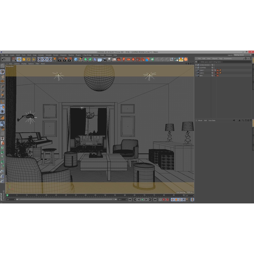 Living Room 3D Model – Corona Cinema4D Scene with Textures & Lights - View 7
