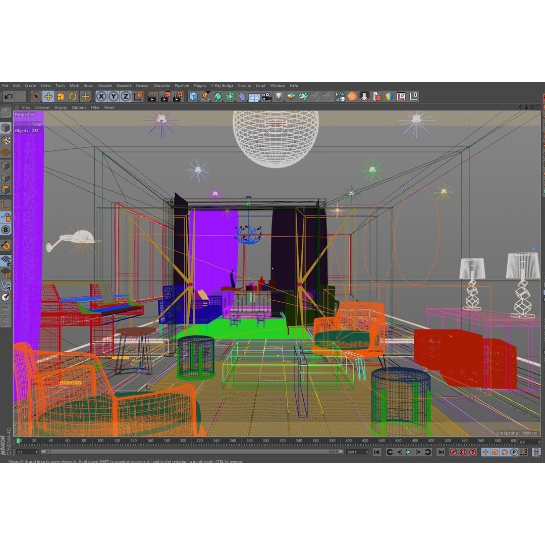 Living Room 3D Model – Corona Cinema4D Scene with Textures & Lights - View 9