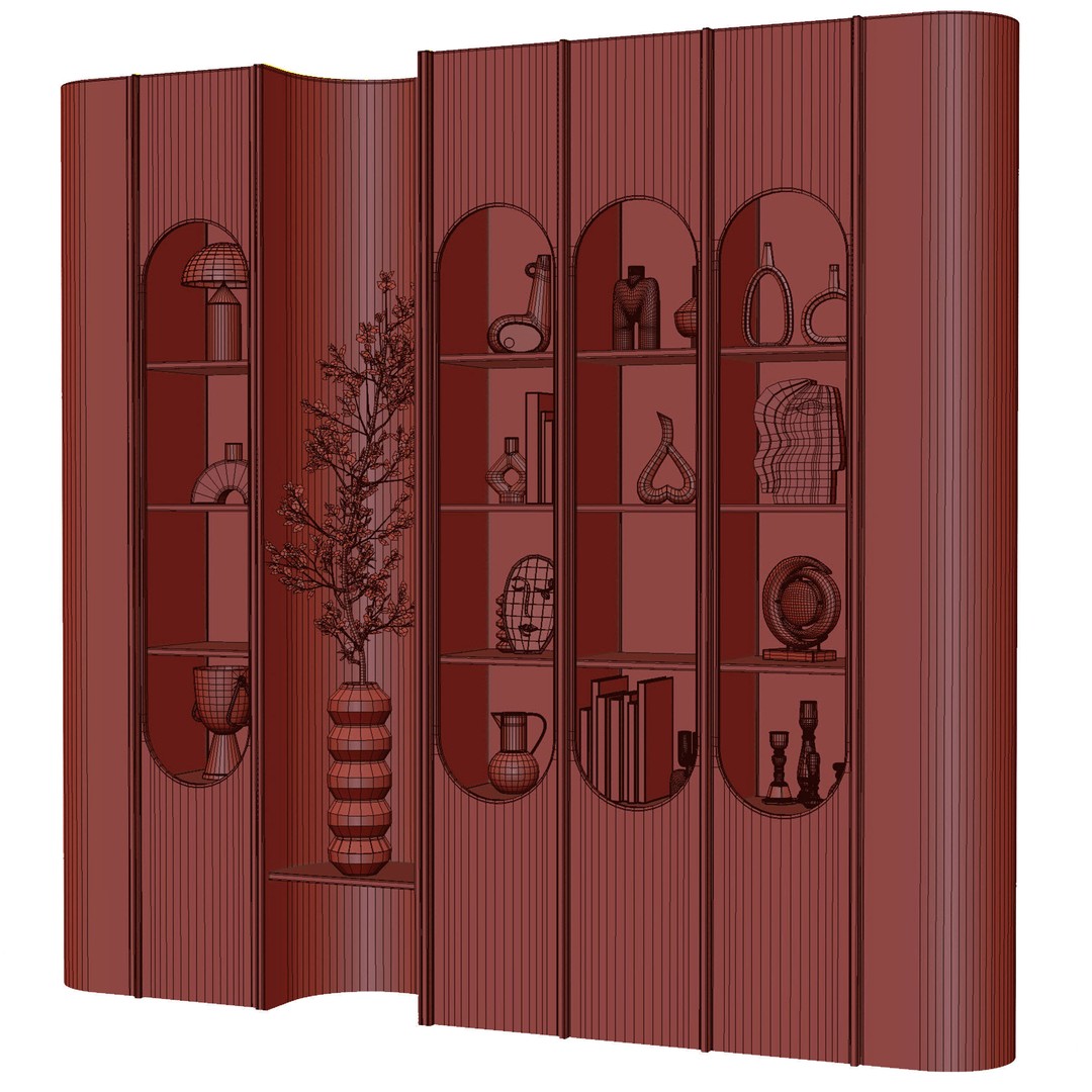 Wooden Shelves 3D Model – Decorative Plant Rack with Books, FBX