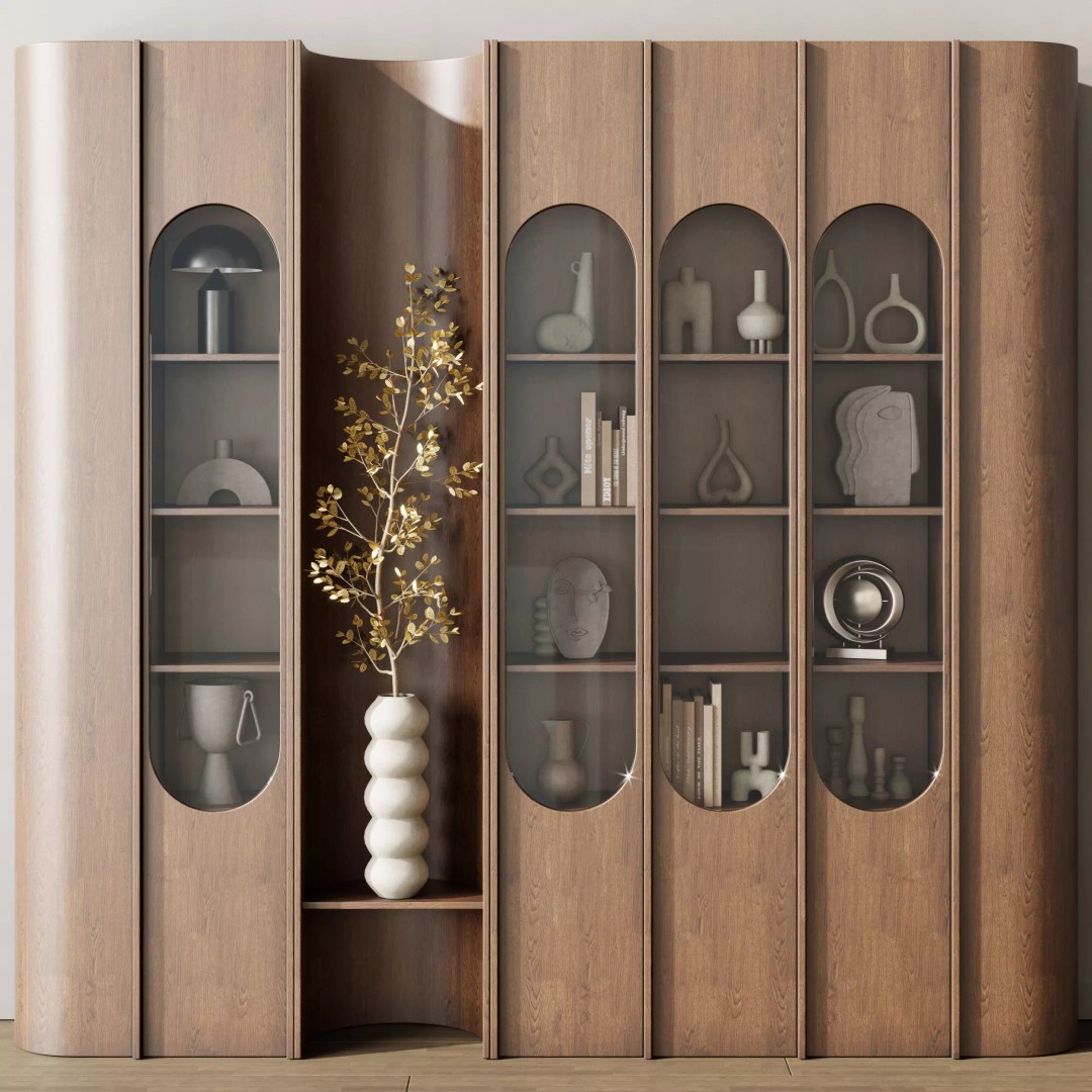 Wooden Shelves 3D Model – Decorative Plant Rack with Books, FBX - View 2