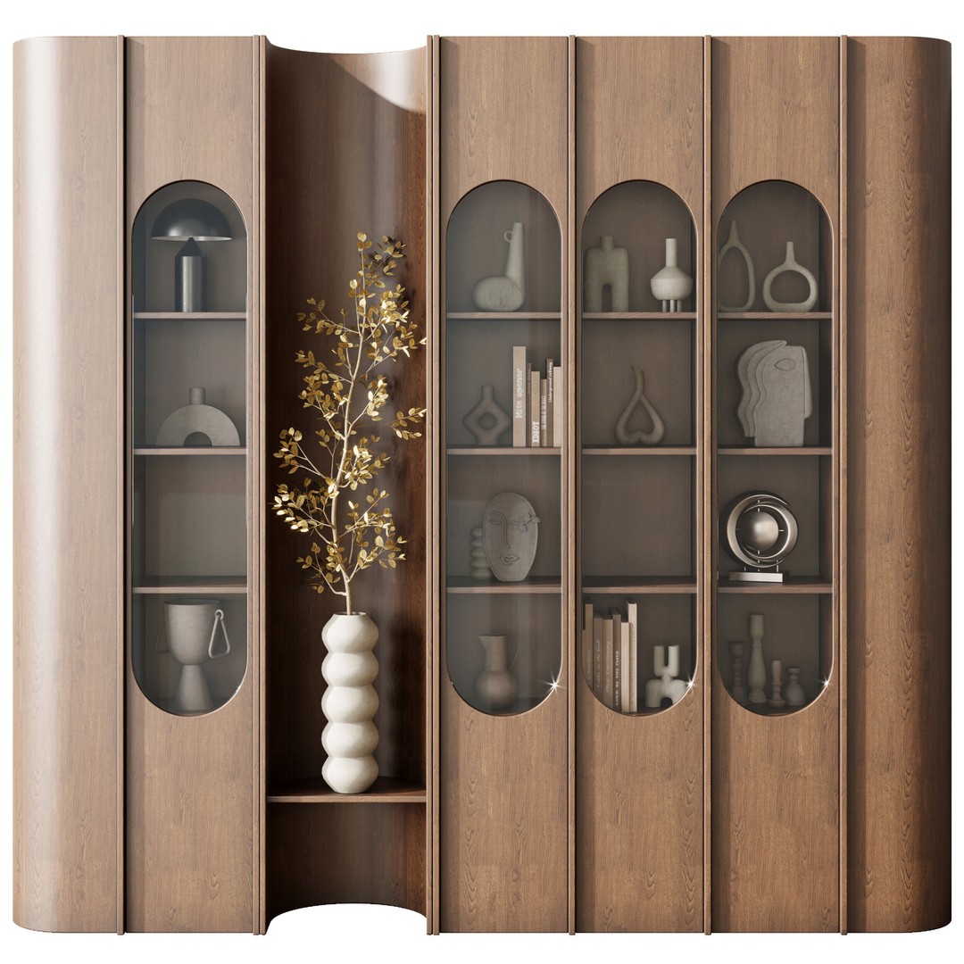 Wooden Shelves 3D Model – Decorative Plant Rack with Books, FBX - View 3