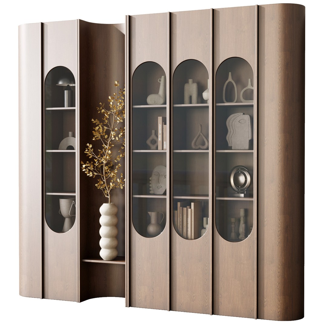 Wooden Shelves 3D Model – Decorative Plant Rack with Books, FBX - View 4