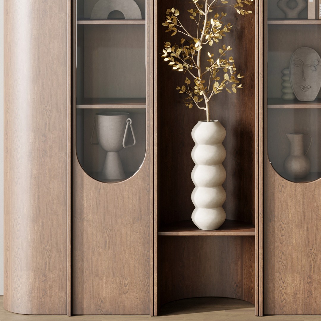 Wooden Shelves 3D Model – Decorative Plant Rack with Books, FBX - View 5