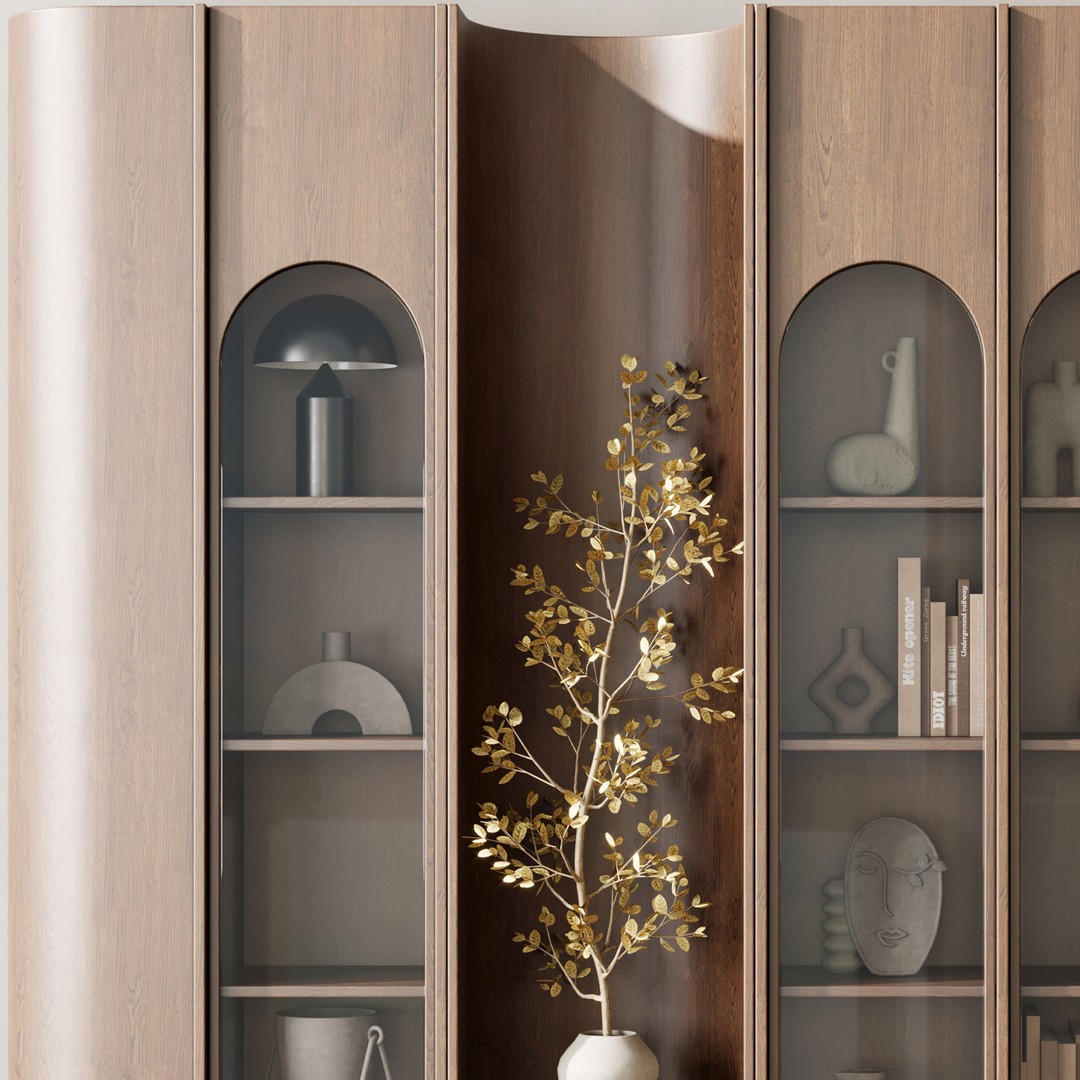 Wooden Shelves 3D Model – Decorative Plant Rack with Books, FBX - View 6