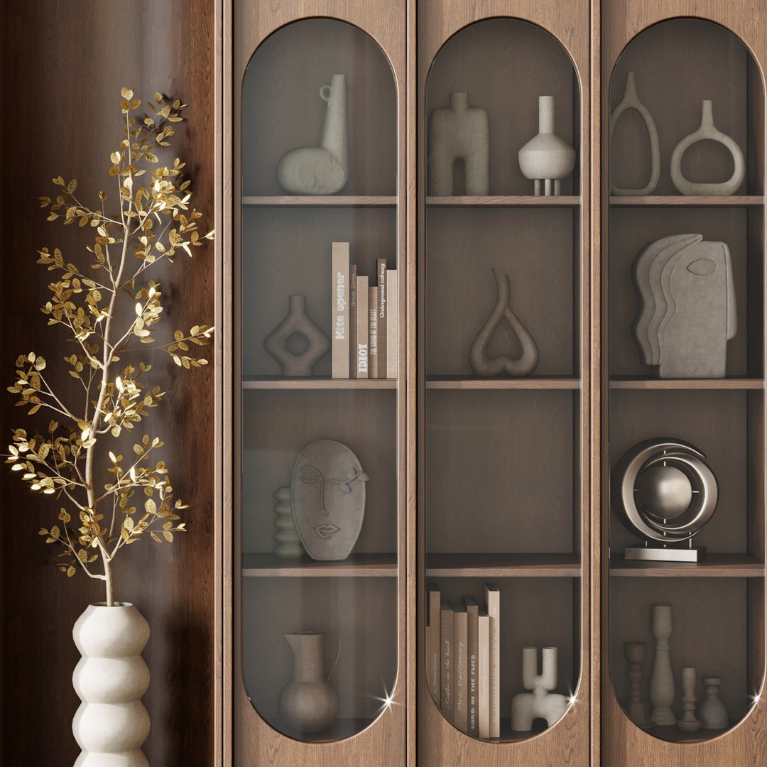 Wooden Shelves 3D Model – Decorative Plant Rack with Books, FBX - View 7