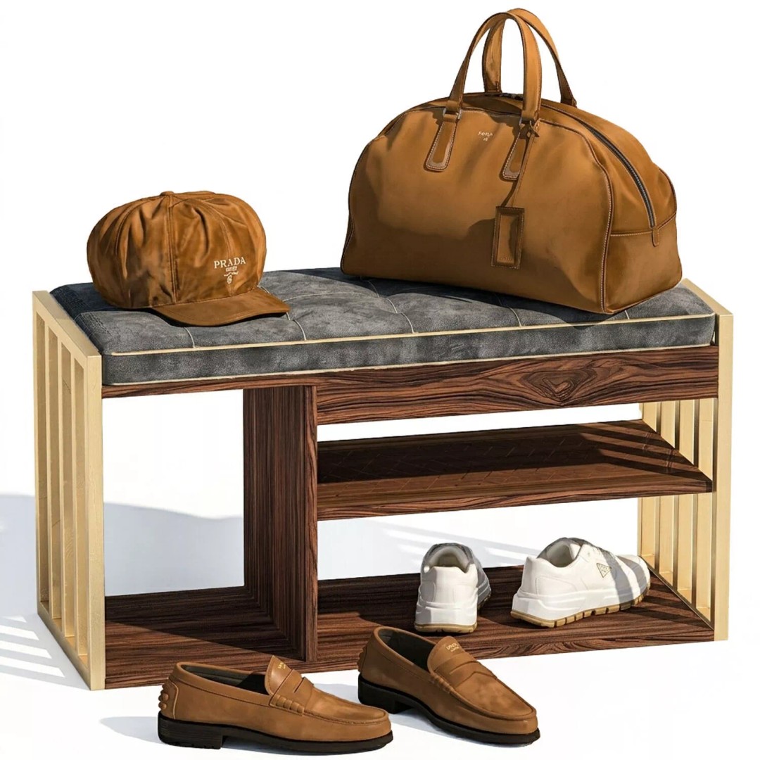 Bench Shoe Rack 3D Model – Minimalist Furniture Set for Hallway - View 3