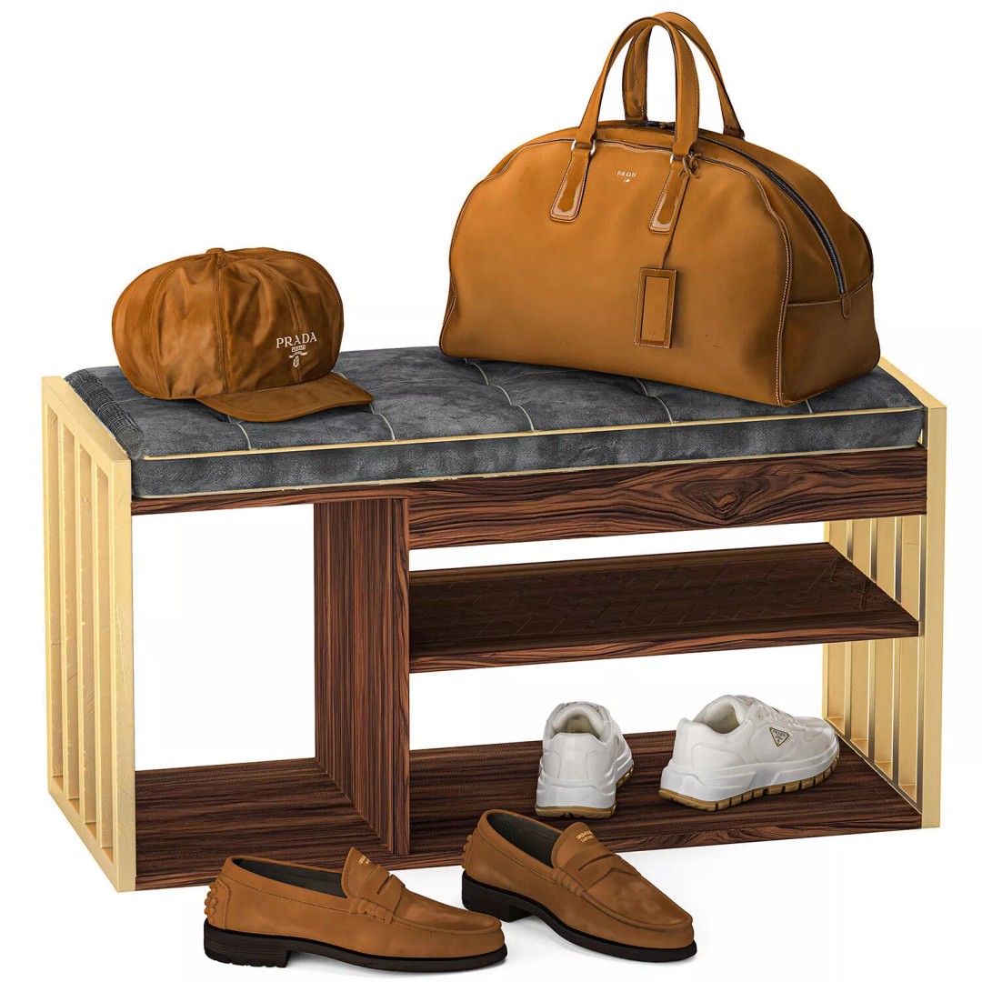 Bench Shoe Rack 3D Model – Minimalist Furniture Set for Hallway - View 7