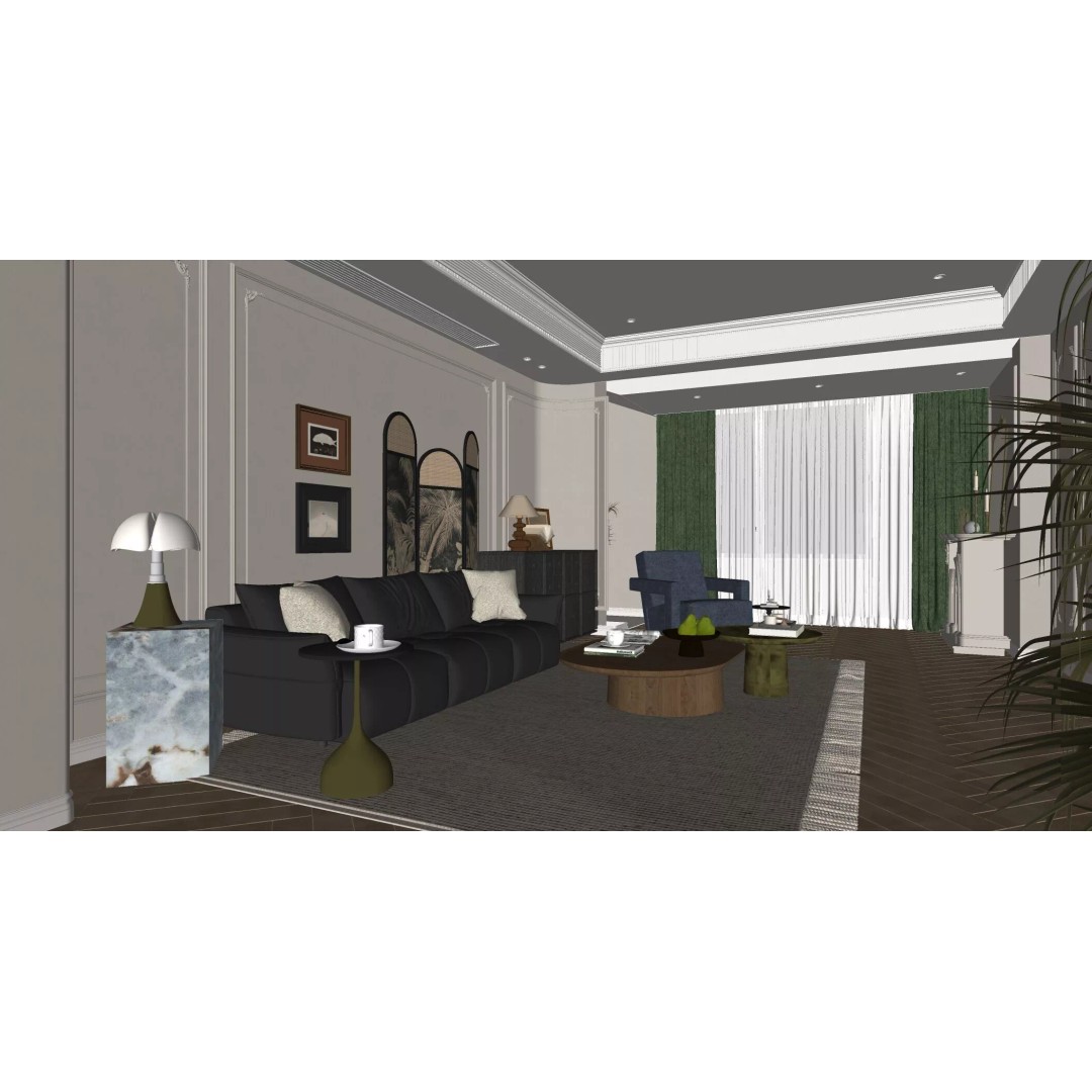 French Retro Style Living Room 3D Model – Mid Century Modern, PBR, FBX, OBJ