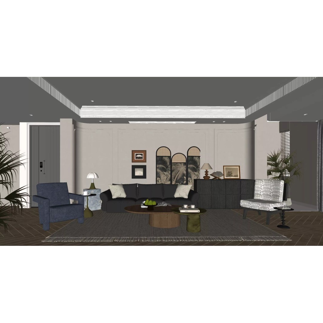 French Retro Style Living Room 3D Model – Mid Century Modern, PBR, FBX, OBJ - View 6