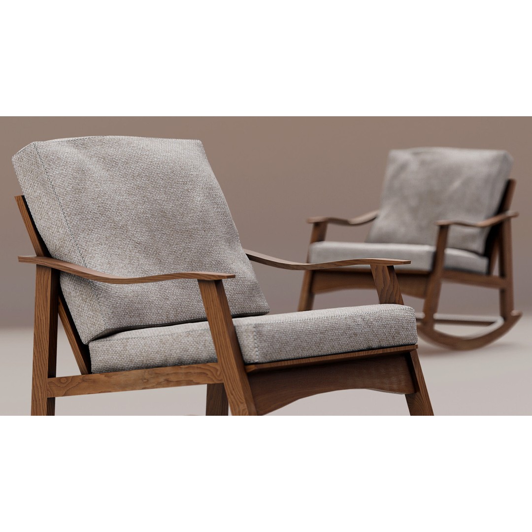 Soviet Rocking Chair 3D Model – Vintage Low-Poly PBR Asset, FBX - View 9