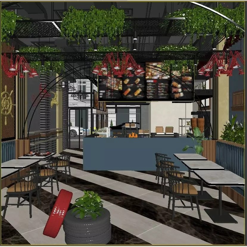 Cafe Restaurant Interior 3D Model – Modern Minimalist Design, PBR - View 11