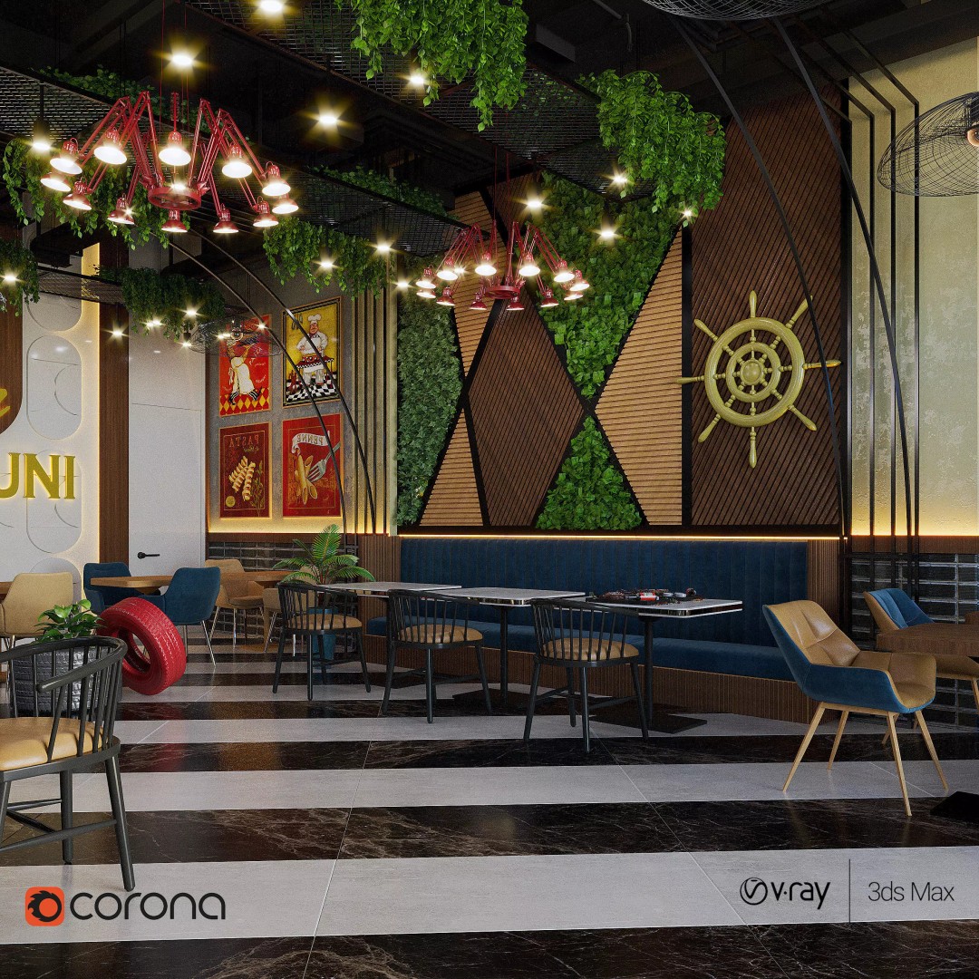 Cafe Restaurant Interior 3D Model – Modern Minimalist Design, PBR - View 2