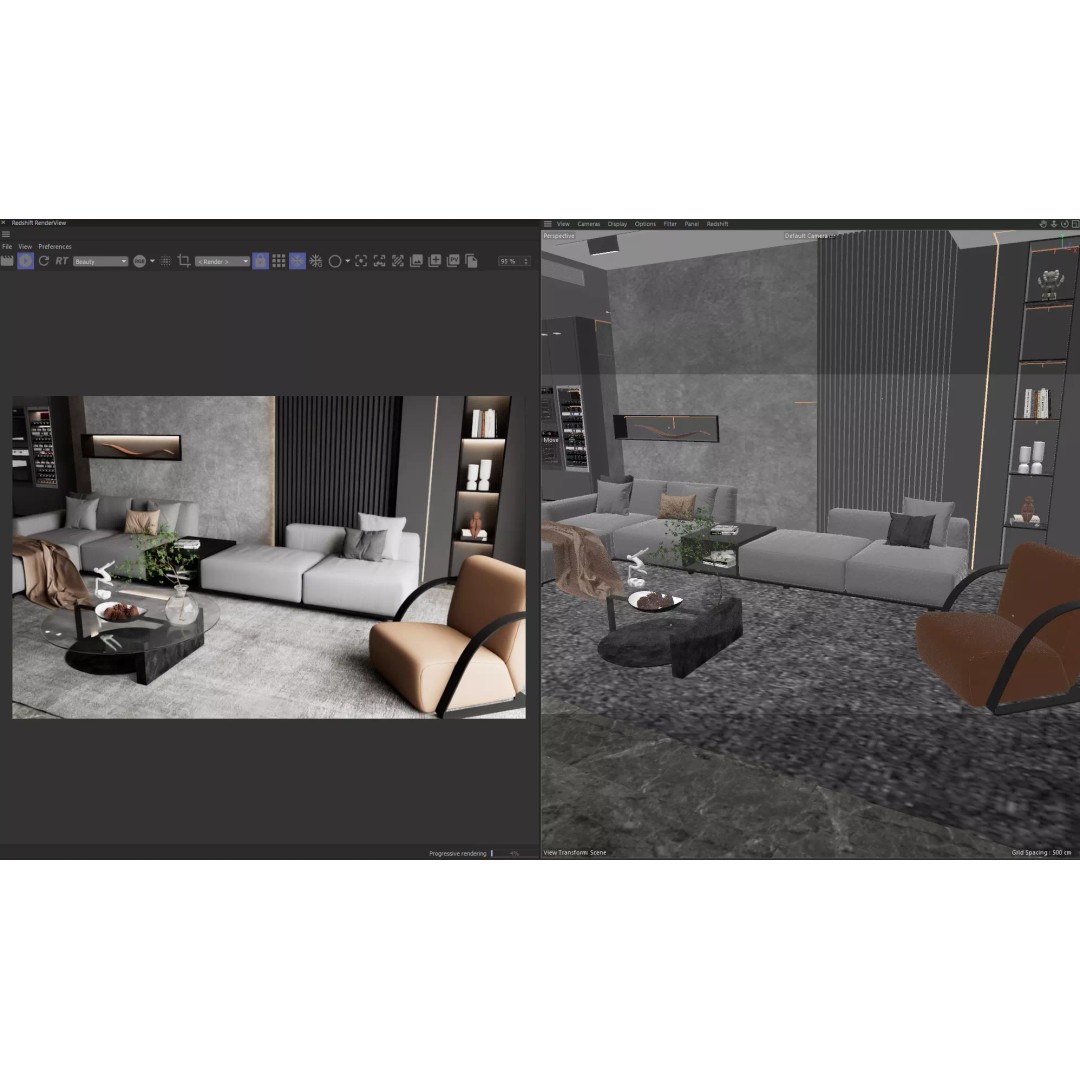 Modern Living Room 3D Model – Luxury Interior Scene for Redshift - View 4