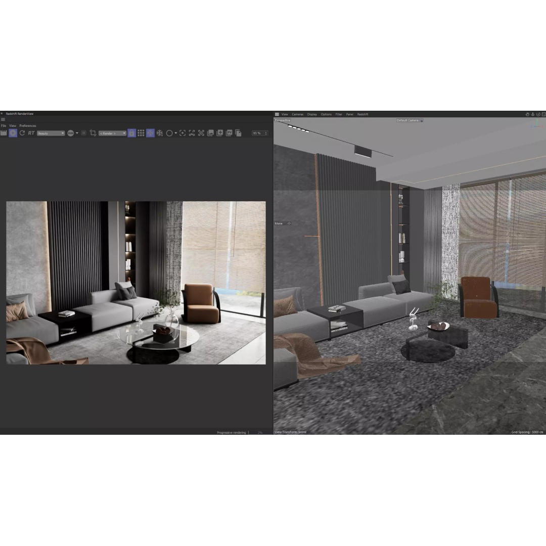 Modern Living Room 3D Model – Luxury Interior Scene for Redshift - View 5