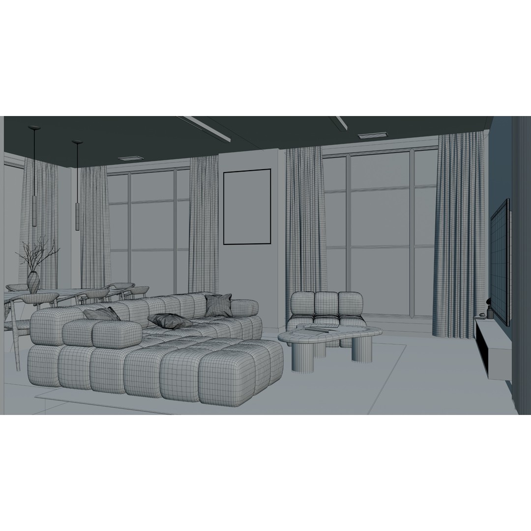 Luxury Apartment Living Room & Kitchen 3D Model – Modern Interior Design, FBX - View 10