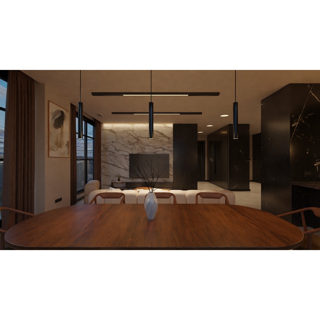 Luxury Apartment Living Room & Kitchen 3D Model – Modern Interior Design, FBX - View 3