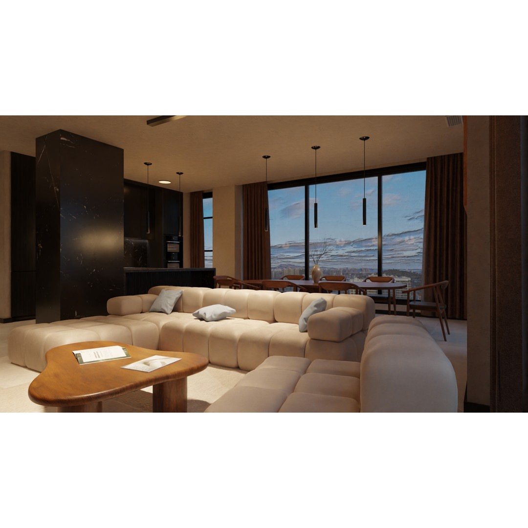 Luxury Apartment Living Room & Kitchen 3D Model – Modern Interior Design, FBX - View 4